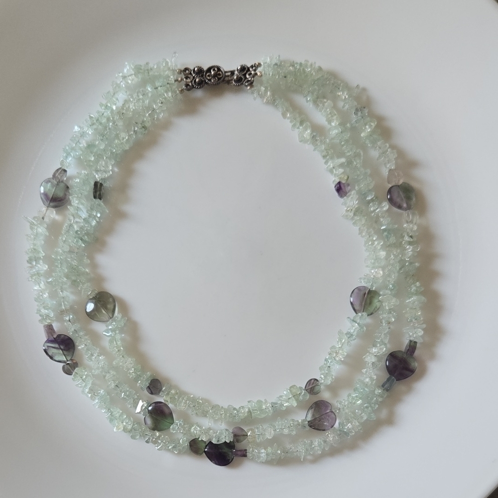Hand Crafted Aquamarine Chips & Purple Flourite Hearts Multi-Strand Choker